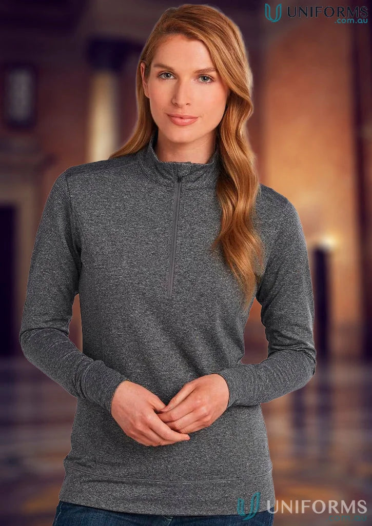 Gray ladies ultimate half zip long sleeve sweat top for comfy outdoor workouts