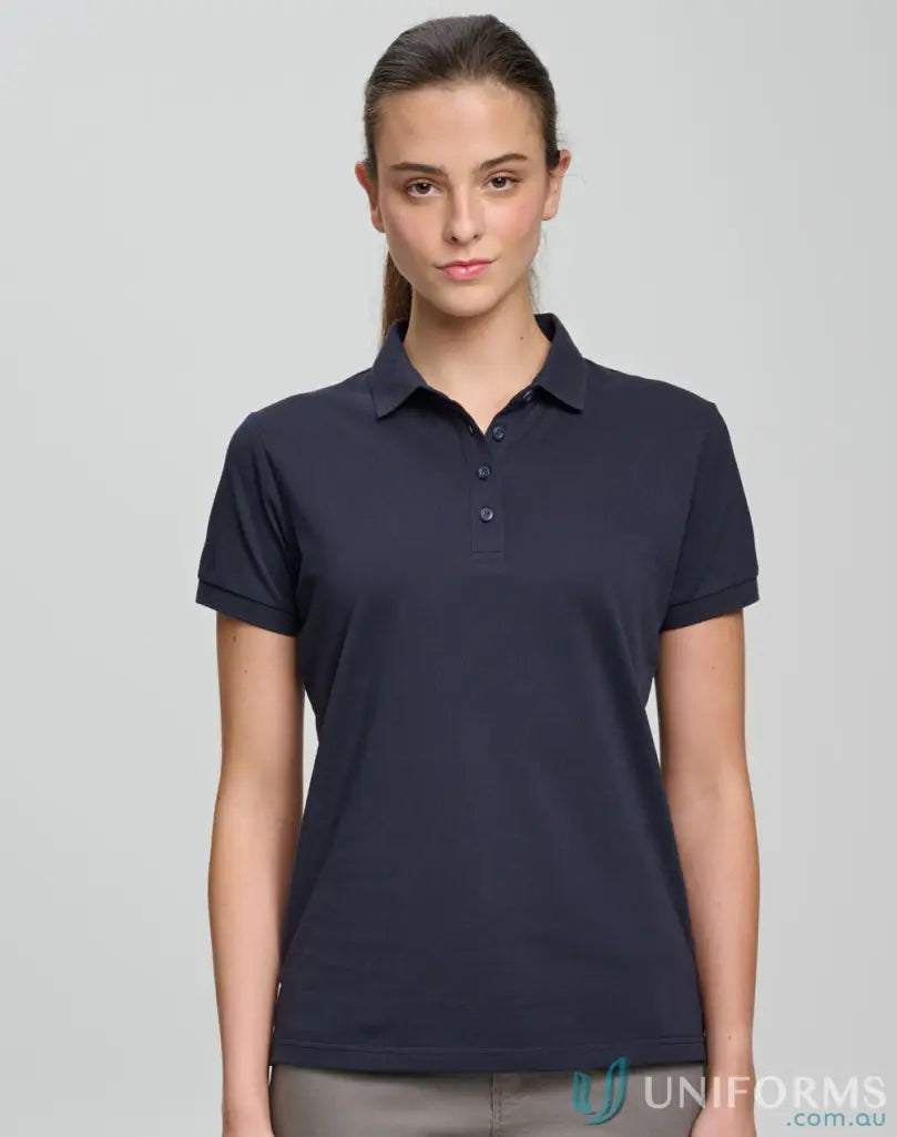 Woman wearing navy ladies ultrafine cotton piqué SS polo shirt from PS72 Ladies Ultrafine Pique collection