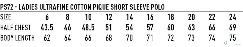 Ladies ultrafine cotton polo size chart for PS72 Ladies Ultrafine Pique shirt
