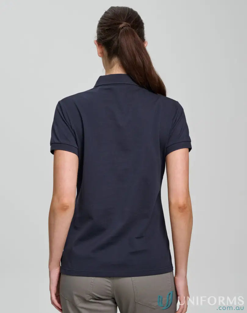 Woman wearing navy ladies ultrafine cotton pique polo shirt from PS72 Ultrafine Cotton Pique collection