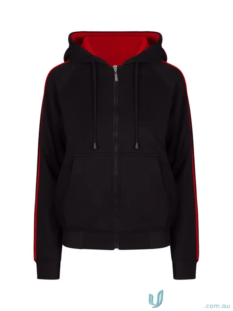 Ladies unbrushed fleece sweater with black zip-up hoodie, red lining, and stripe details