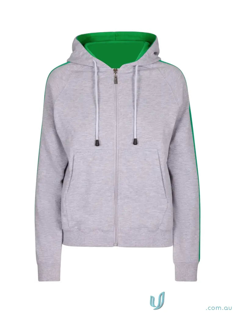 Grey zip-up fleece sweater with green lining and stripes, perfect for cozy unbrushed fleece comfort