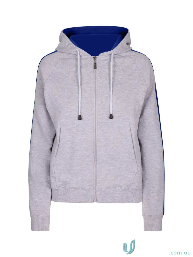 Gray zip-up fleece sweater with blue lining and stripes, perfect unbrushed fleece style