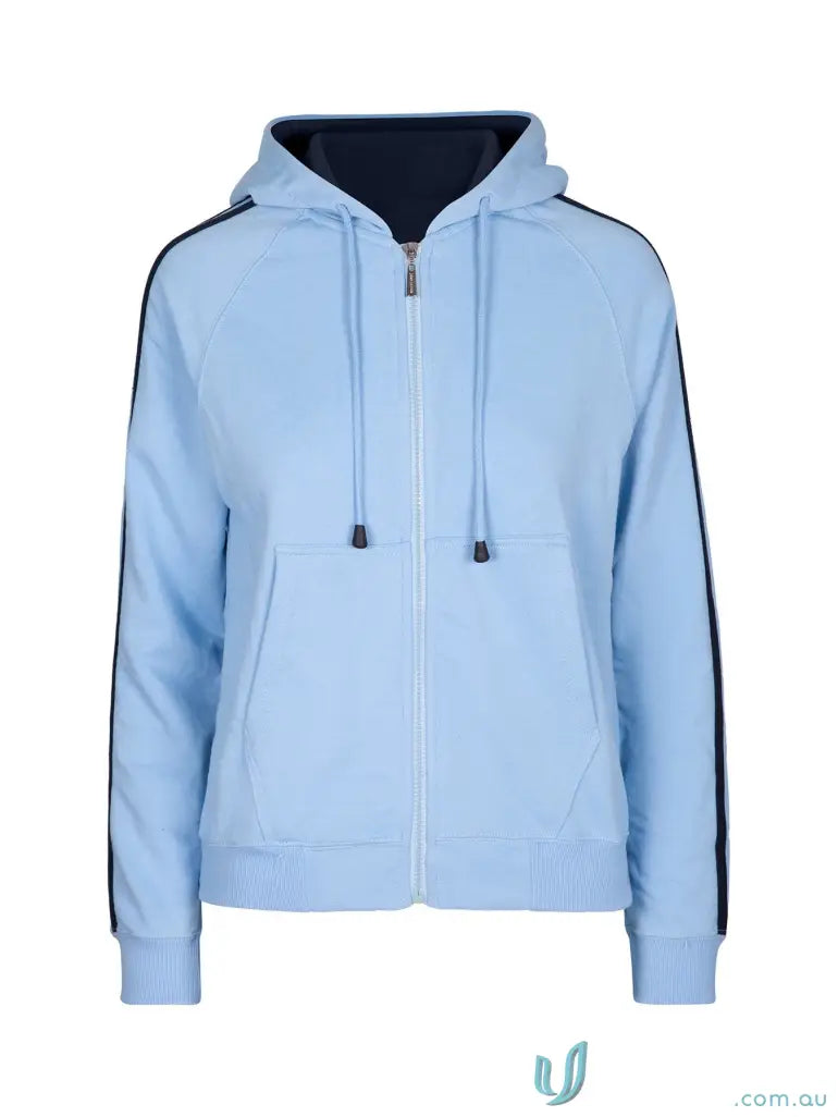 Light blue Ladies Unbrushed Fleece Sweater with dark blue stripe sleeves