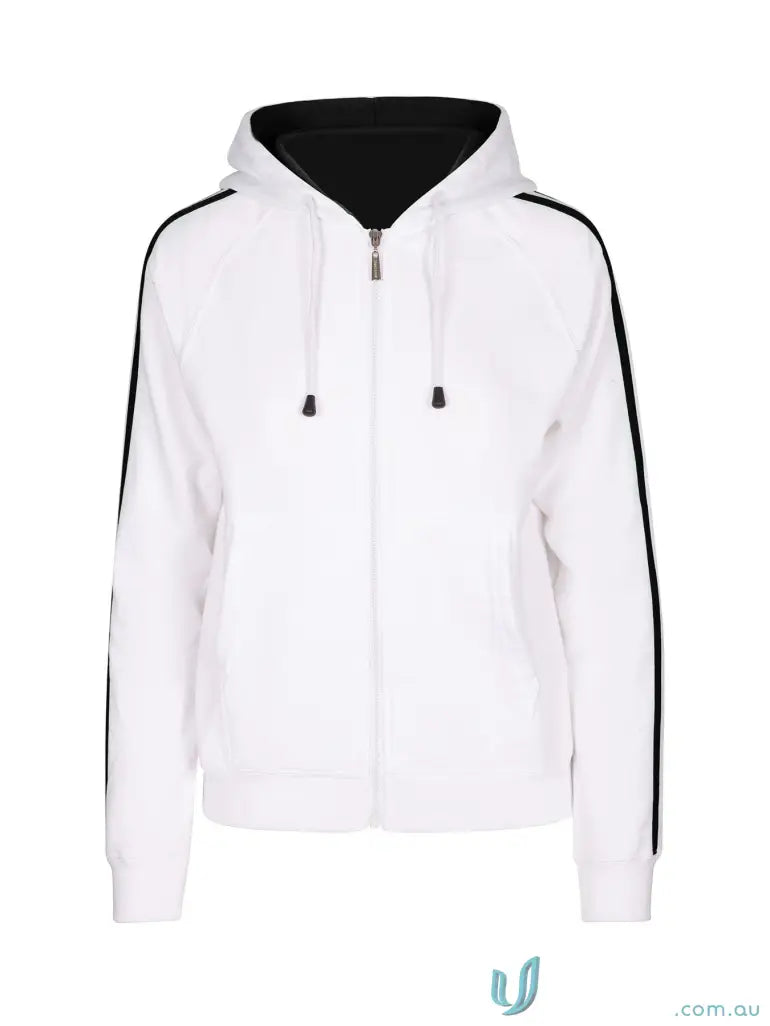 White zipped fleece sweater with black contrasting inner hood and stripe details