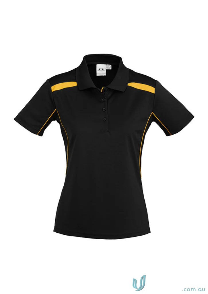 Black and gold ladies united polo shirt made with sports interlock fabric from Biz Collection Ladies