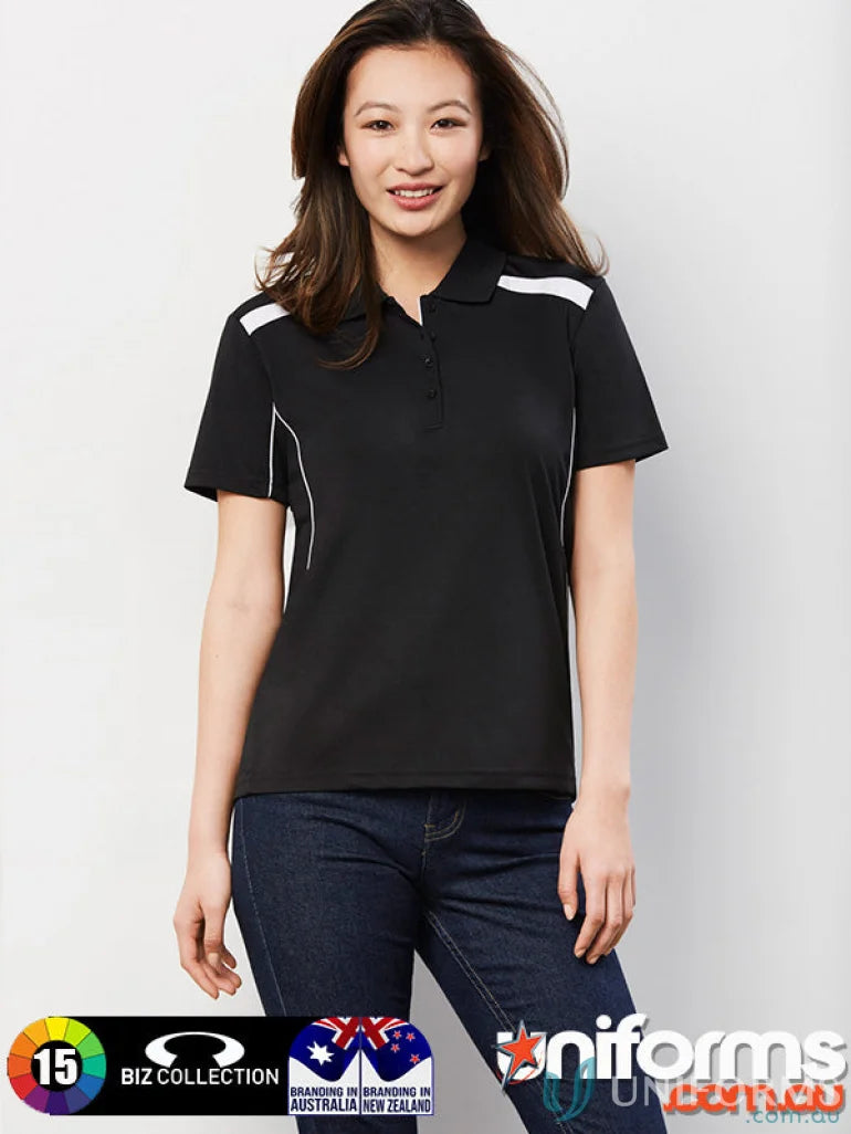 Ladies United Polo in black with white accents made from sports interlock fabric