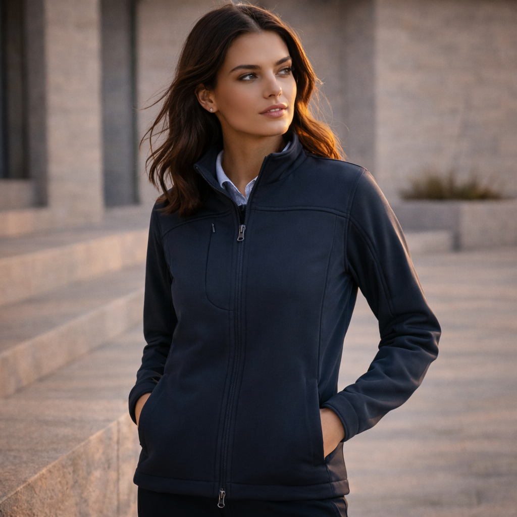 Navy blue Ladies UTech womens softshell jacket with zip pockets