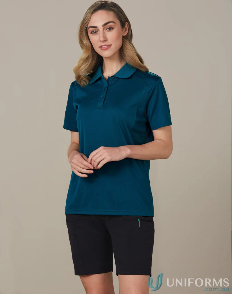Ladies utility cargo short featuring teal polo shirt and elastic waist for spirit ladies utility