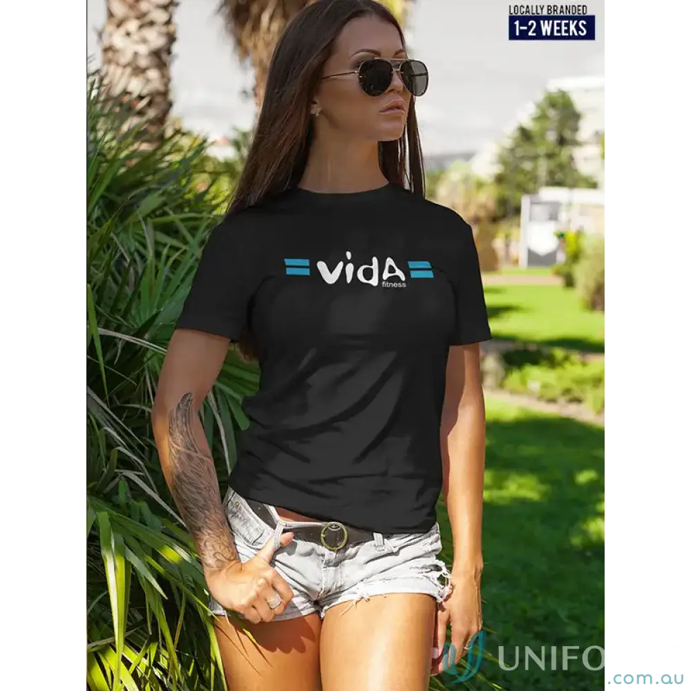 Black Vida Fitness Ladies tee with Vida logo in comfy combed cotton jersey