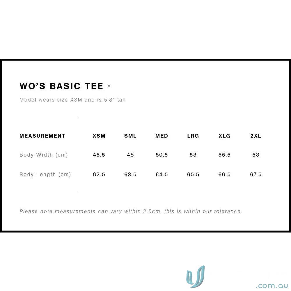 Vida Fitness Ladies Tee size chart on a comfy combed cotton jersey fitness ladies tee