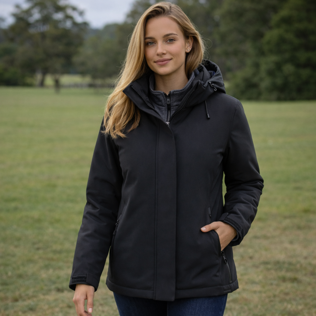 Ladies Eclipse Jacket: black waterproof zippered pockets, detachable hood