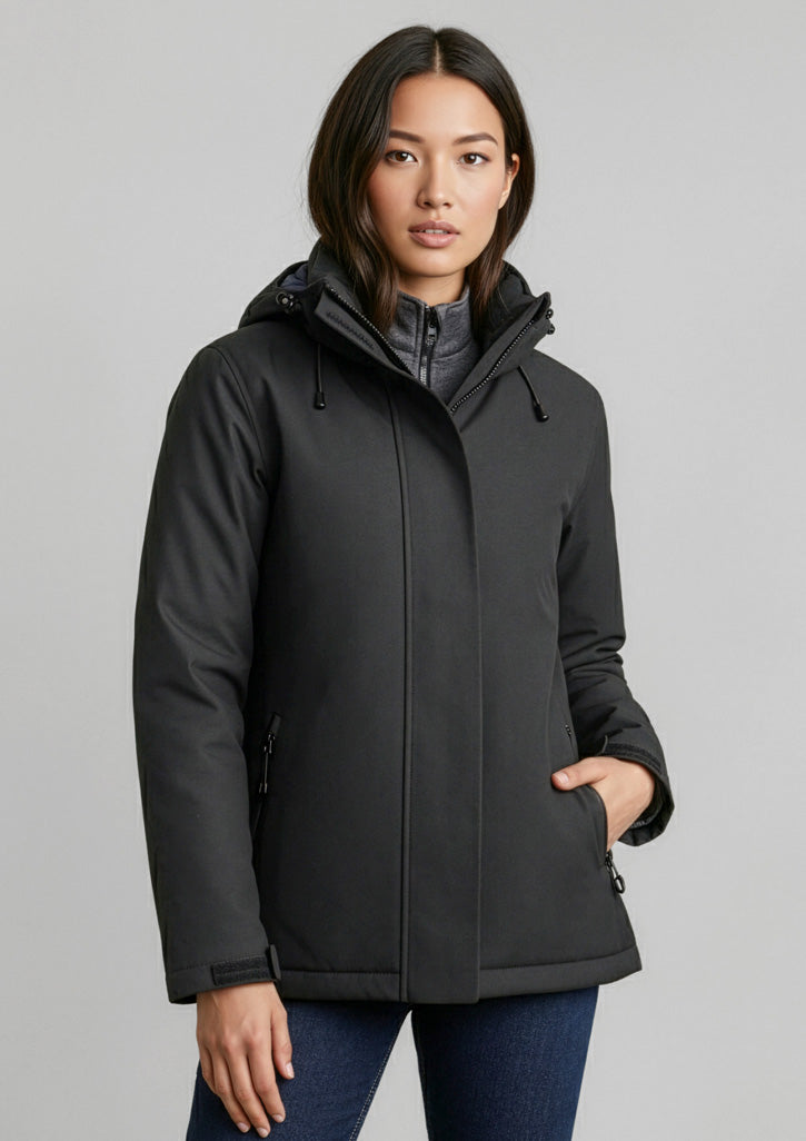 Ladies Eclipse jacket in black with waterproof zippered pockets, detachable hood