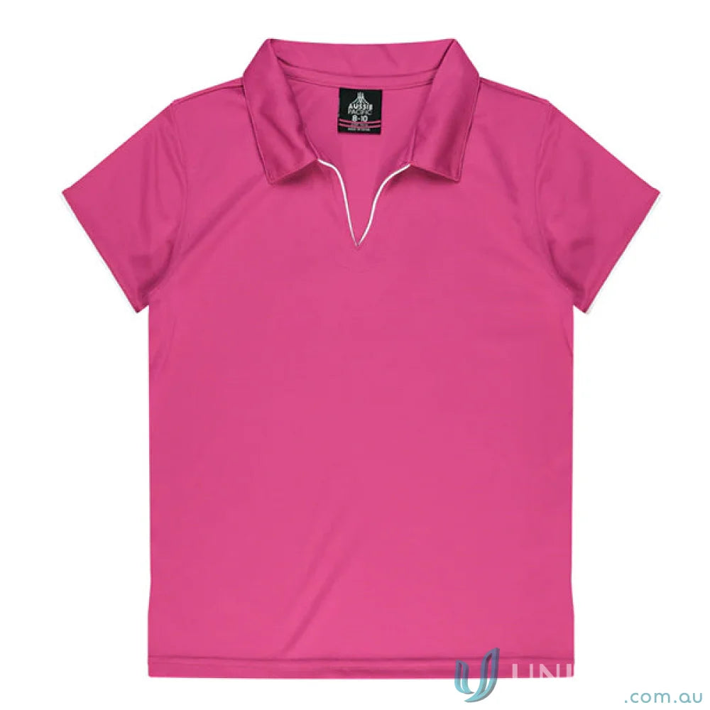 Pink short-sleeved polo shirt from Ladies Yarra Polo, comfy fabric perfect for workwear and uniforms