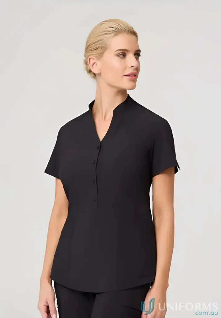Black short-sleeved mandarin collar blouse from City Collection Ladies Zip back Tunic using recycled polyester