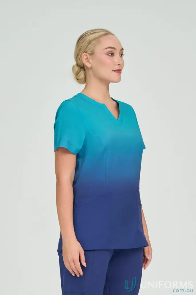 LadiesSea Blue Ombre Print Top with princess seams and a welt pocket