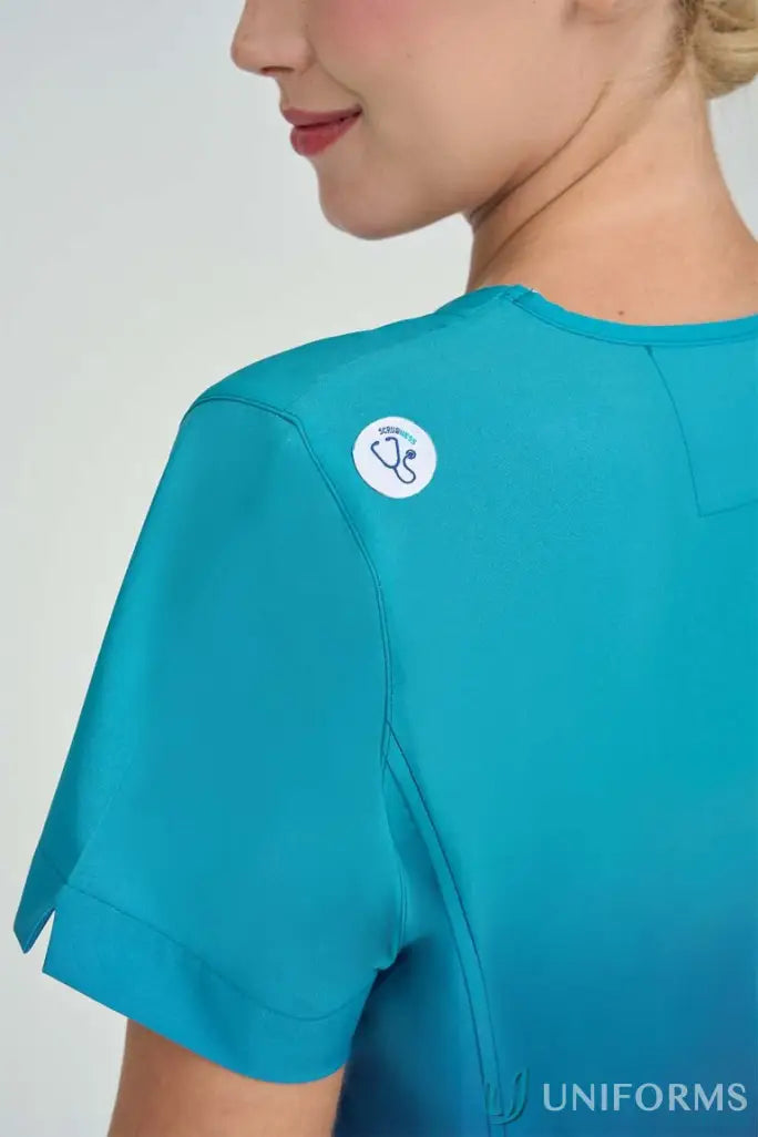 LadiesSea Blue Ombre Print Top with princess seams and a welt pocket perfect for medical pros
