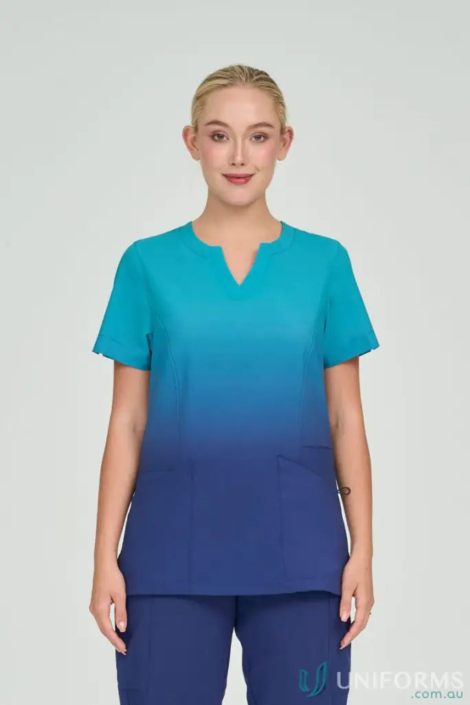 LadiesSea sea blue ombre scrub top with princess seams and welt pocket