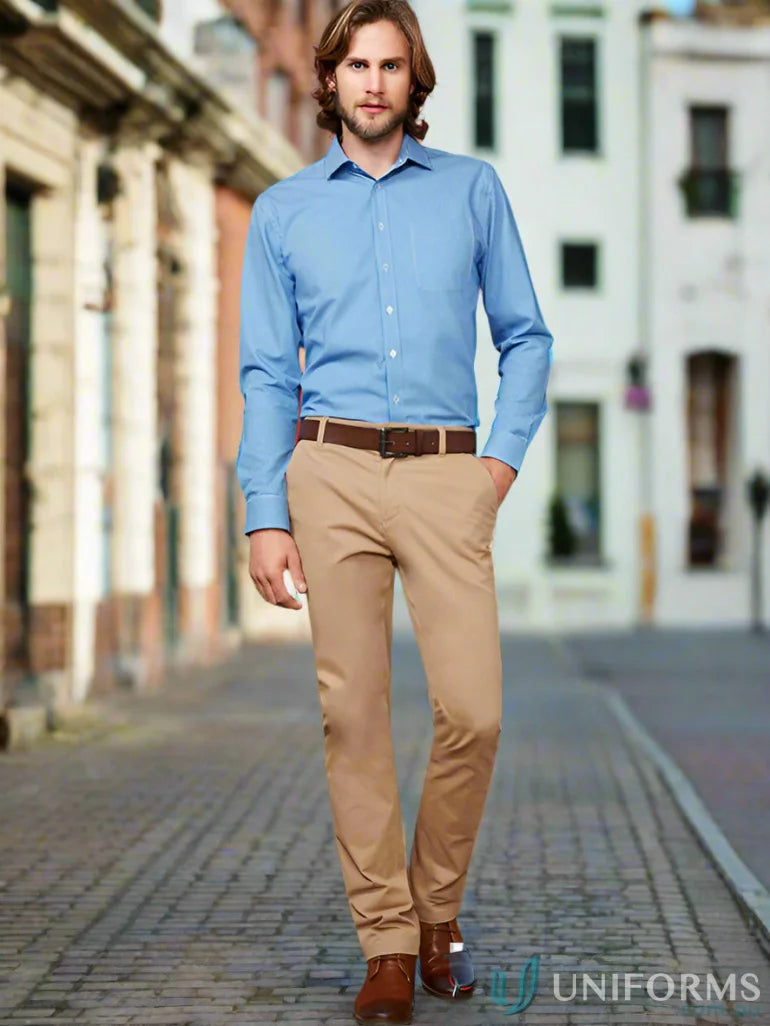 Man in blue shirt and khaki Lawson Stretch Chino Pants from Biz Collection Men’s