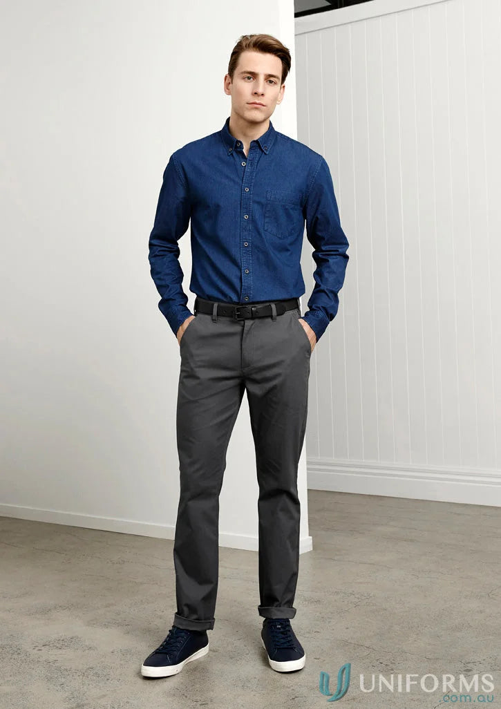 Man in blue shirt and gray Lawson Stretch Chino Pants from Biz Collection Men’s