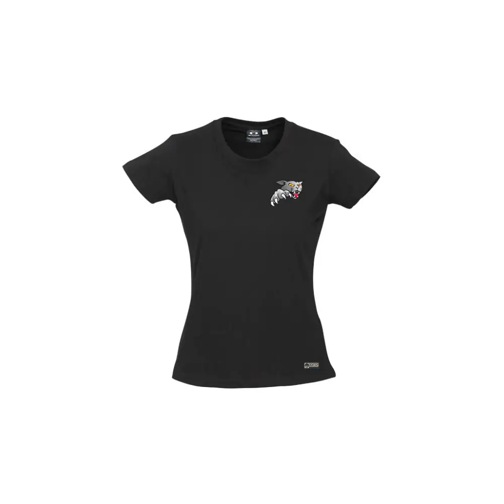 Black women’s short-sleeved lbmx club ladies tee with small pink cat embroidery perfect for stylish workwear uniforms