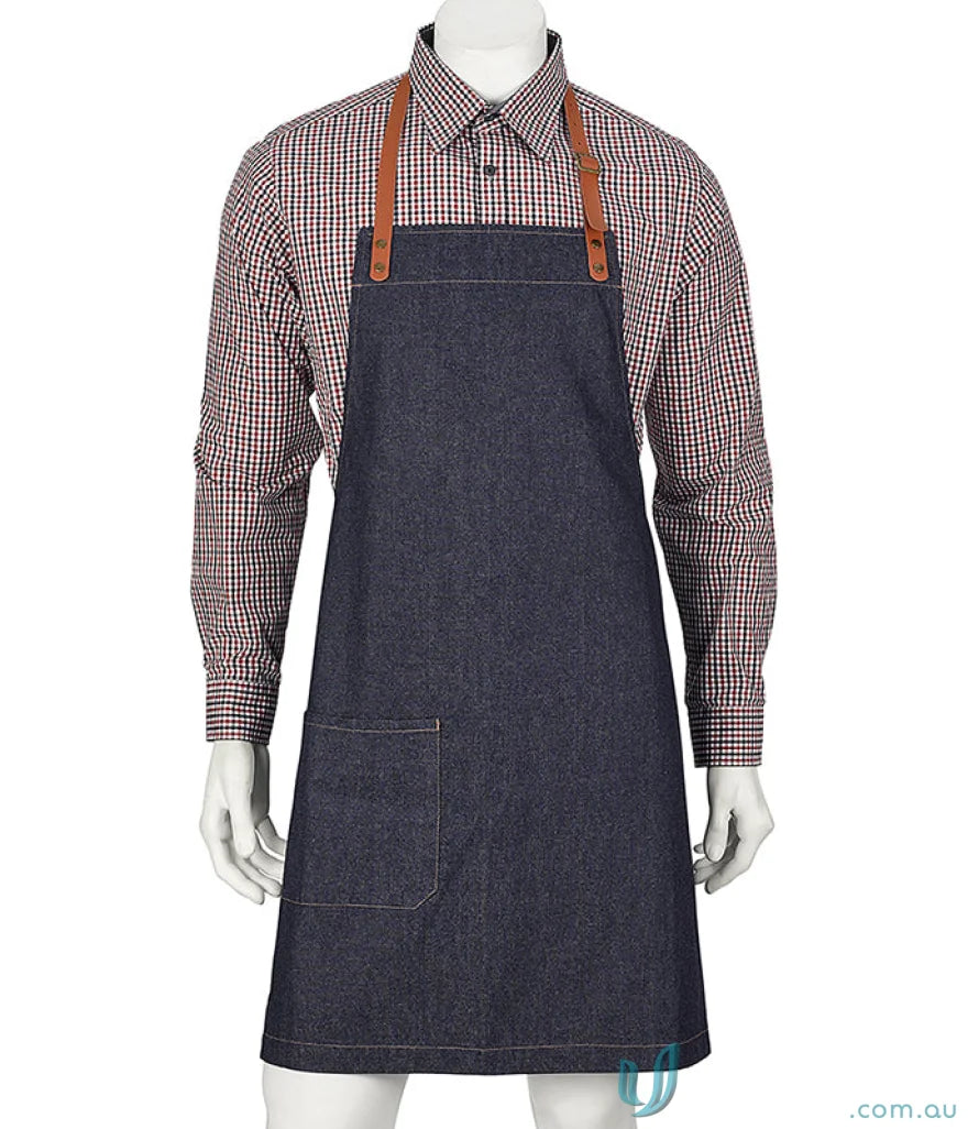 Dark blue denim apron with detachable PVC leather neck strap and double reinforced push studs