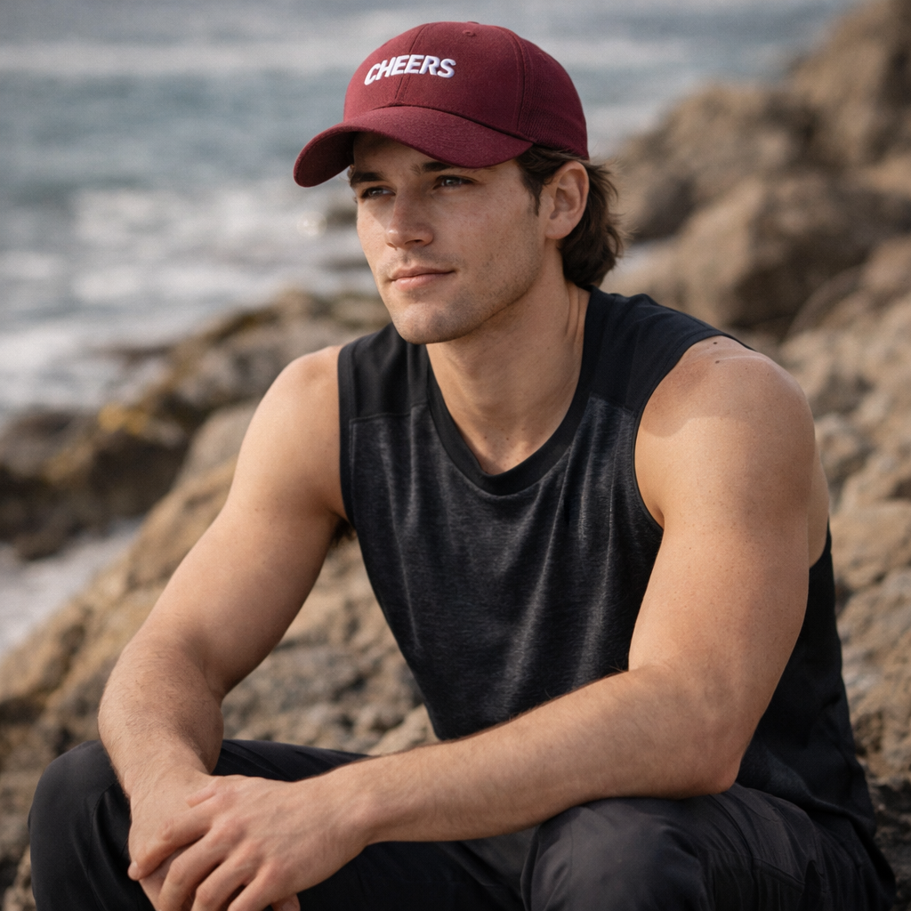 Legend 4009 maroon cap with white cheers embroidery, poly viscose blend