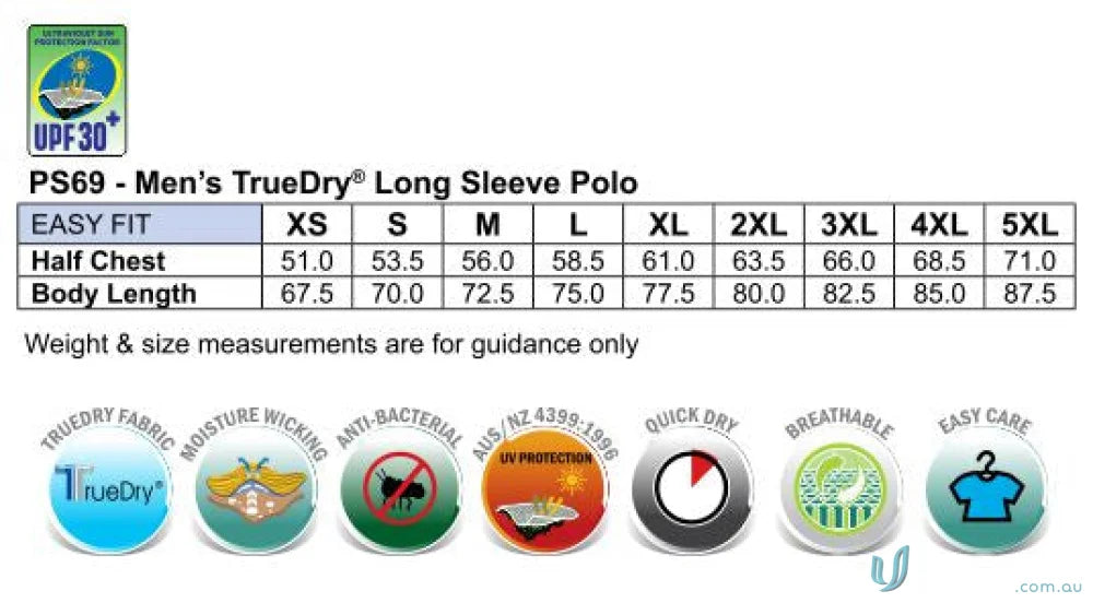 Men’s dry fashion long sleeve polo sizing chart and fabric details for Legend Air L/S Polo