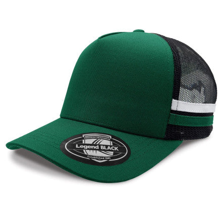 Legend black premium cotton twill trucker hat with green panels and white side stripe