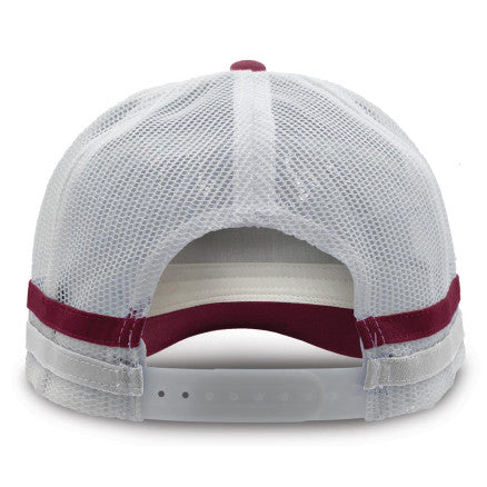 Legend Striped Trucker Hat in white mesh with maroon trim, premium cotton twill