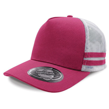 Legend striped trucker hat in fuchsia white with pink stripes on premium cotton twill