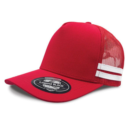 Red Legend Black striped trucker hat in premium cotton twill