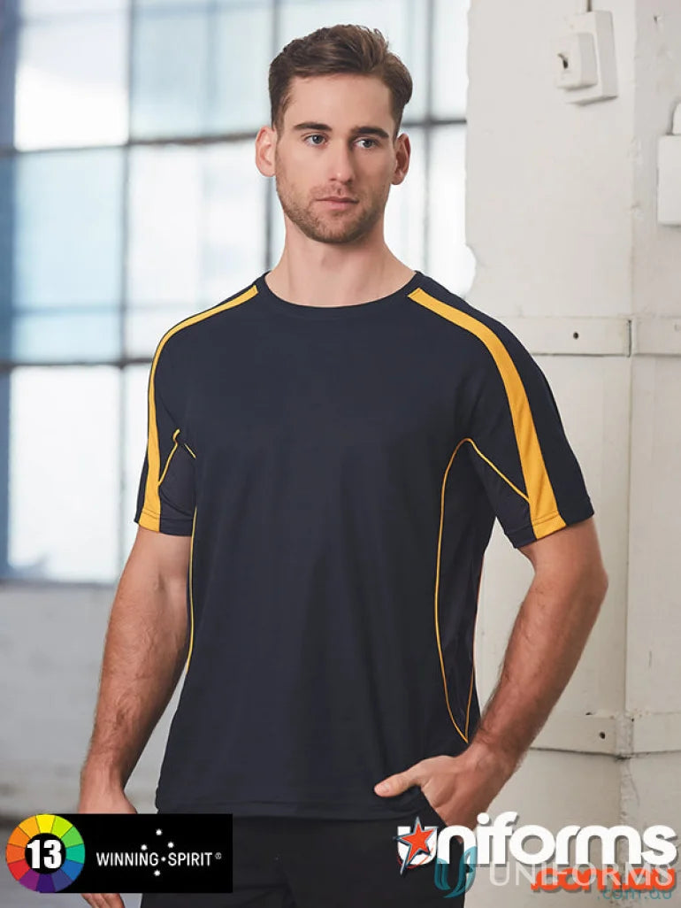 Navy and gold athletic T-shirt from Legend Tee, perfect for work uniforms or casual wear