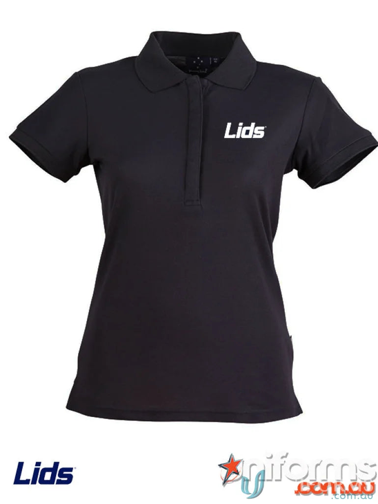 Black cotton stretch polo shirt for uniforms and workwear from LIDS LHC EMB Ladies Navy Polo