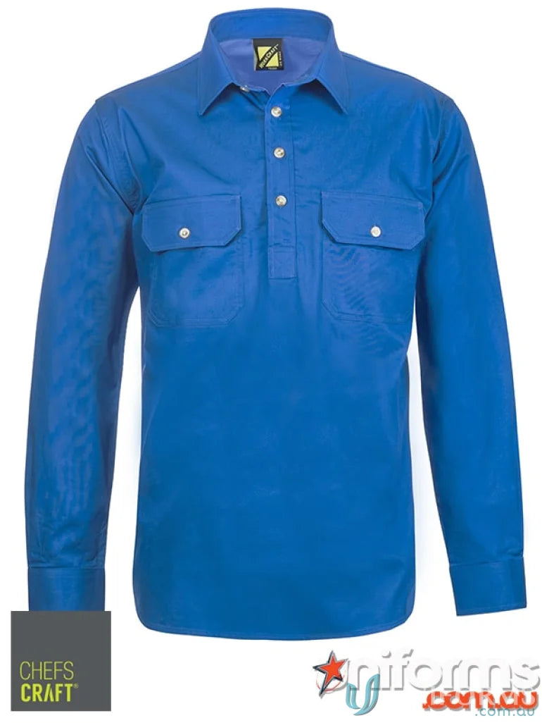Lightweight royal blue cotton drill work shirt with half placket and chest pockets