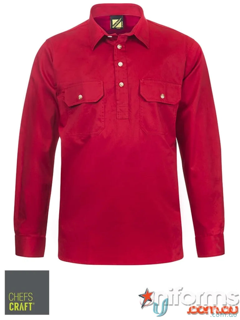 Red lightweight cotton drill shirt with half placket and chest pockets