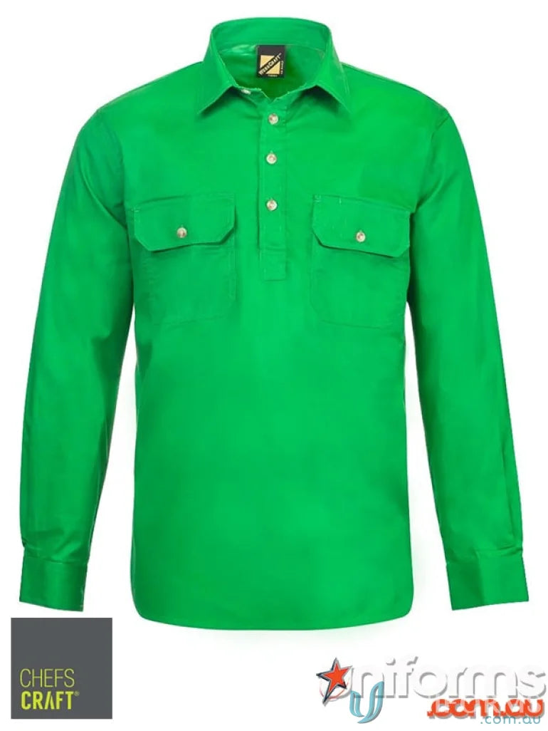 Vibrant green cotton drill half placket shirt with chest pockets, lightweight drill shirt
