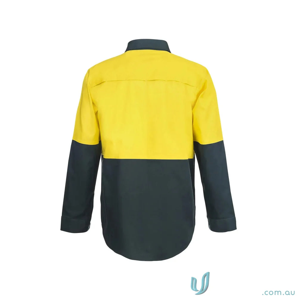 Yellow and dark grey lightweight hivis half placket cotton drill shirt with collar