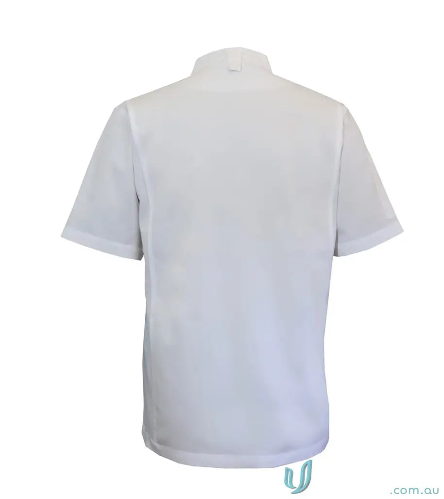 White short-sleeve zip closure chef jacket with slim fit design and stand-up collar