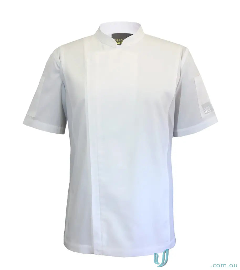 White short-sleeved zip closure chef jacket with slim fit design and stand-up collar