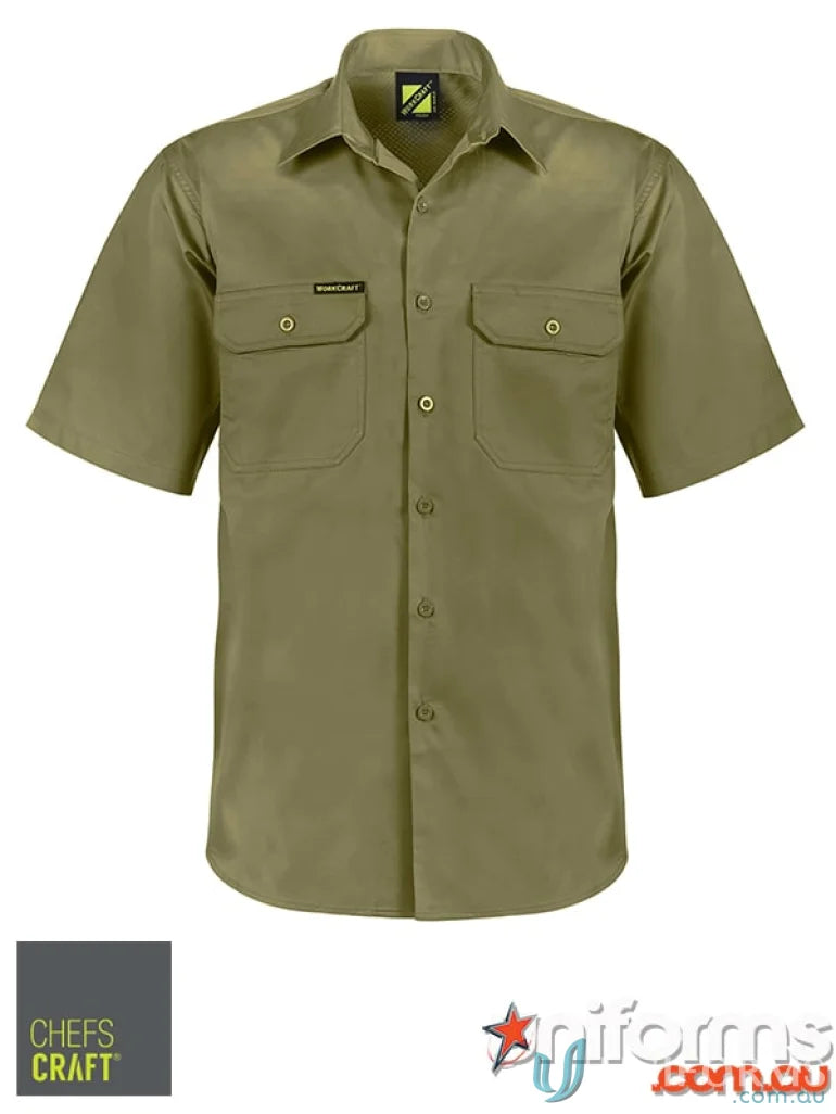 Vented cotton drill short-sleeve work shirt in muted olive green with front pockets