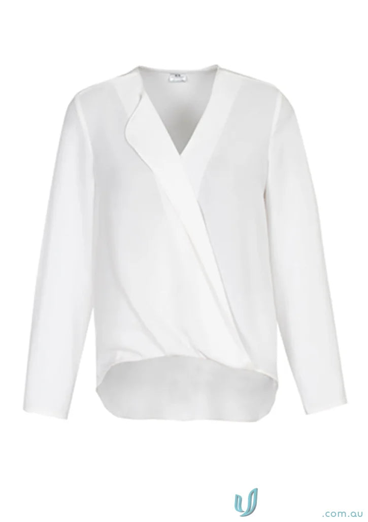 White long-sleeved Lily Ladies Hi-Lo Blouse for women’s Lily Hi-Lo style