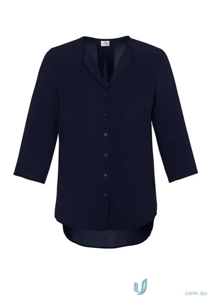Navy button-down Lily Ladies Longline Blouse from Biz Collection, stylish longline blouse