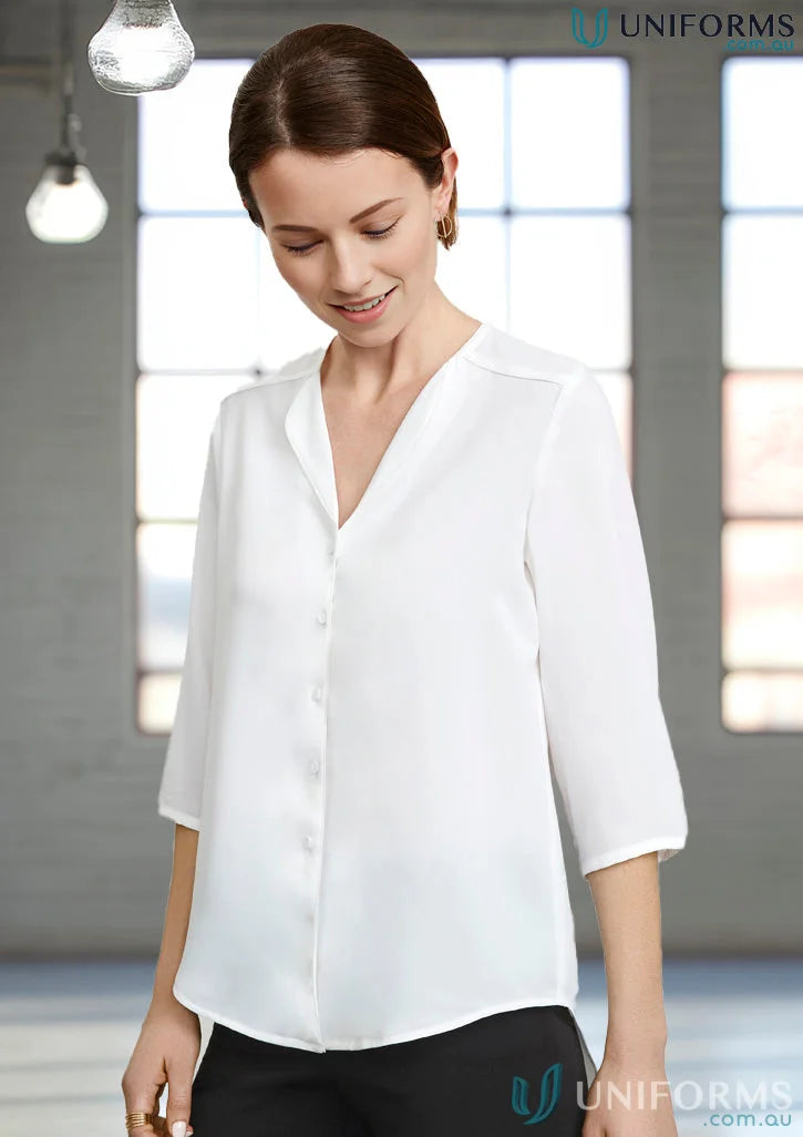 White three-quarter sleeve Lily Ladies Longline Blouse from Biz Collection