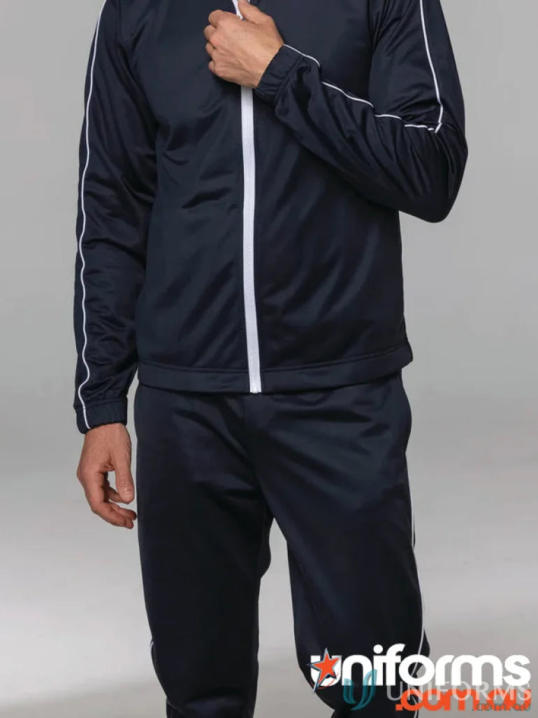 Liverpool Mens Pants navy tracksuit with white stripes, made of brushed poly knit