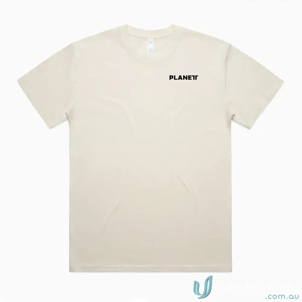 Beige men’s street tees Lob Oversize Tee with black text and wide neck ribbing