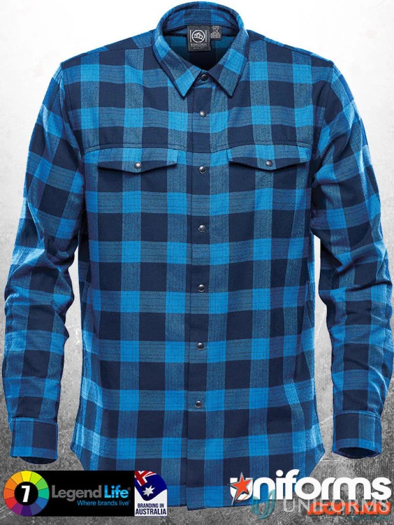 Blue and black plaid Logan Snap Front Shirt with chest pockets and snap closures