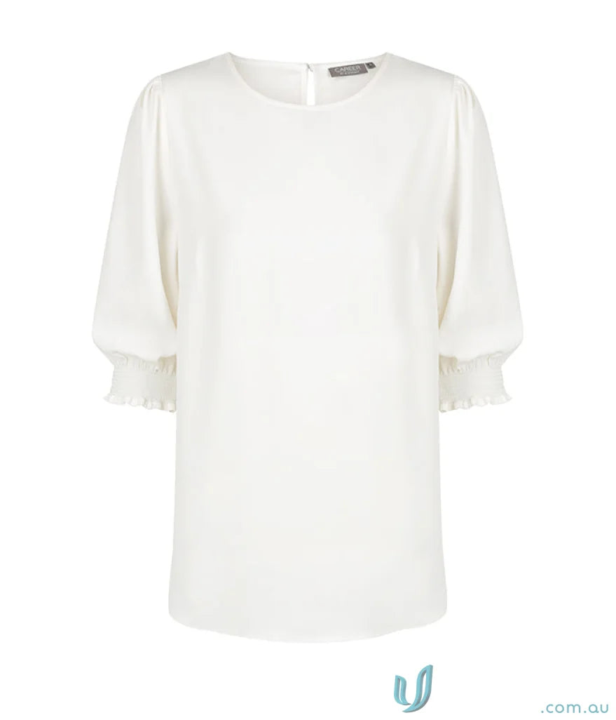 Lola Shirred Cuff Top in premium luxe twill with white fabric and chic three-quarter sleeves