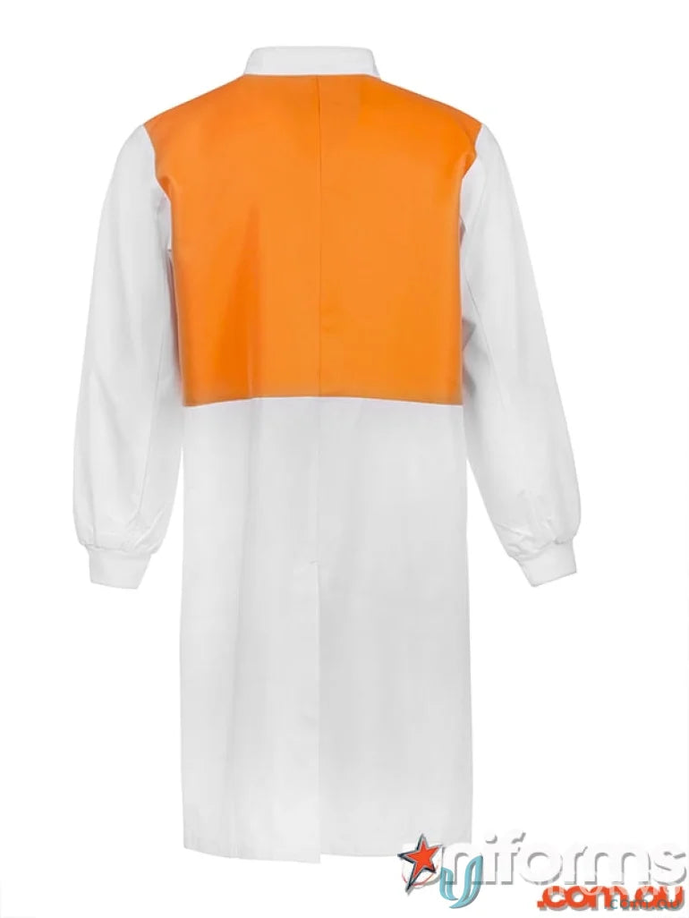 Long length white and orange lab coat with mandarin collar, perfect for uniforms