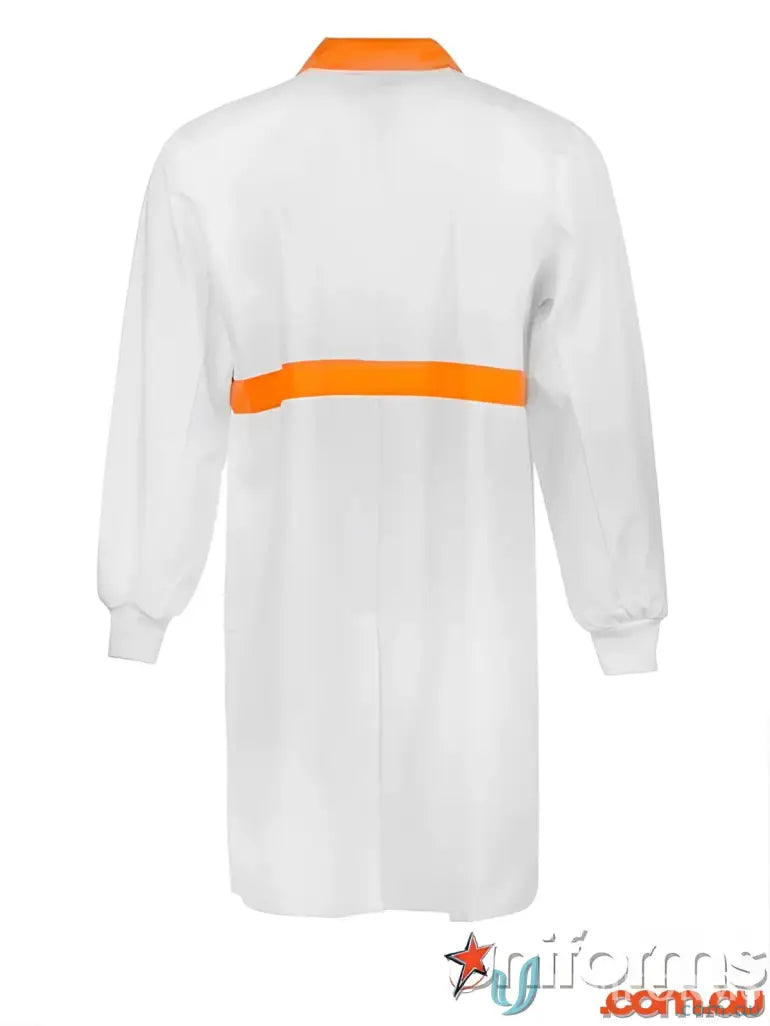Long length dustcoat for food production workers with white color, orange accents and seam pockets